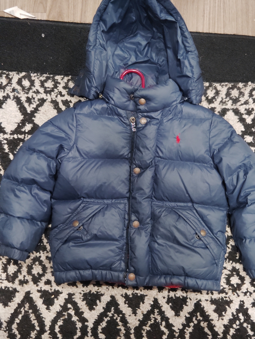 Ralph Lauren Kids Navy Hooded Puffer Jacket with Red Polo Logo